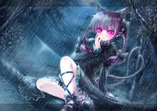 Anime picture 1268x897 with touhou kaenbyou rin misaki (kyal 001) single long hair looking at viewer blush animal ears purple hair tail braid (braids) animal tail pink eyes pointy ears cat ears cat girl cat tail rain extra ears girl