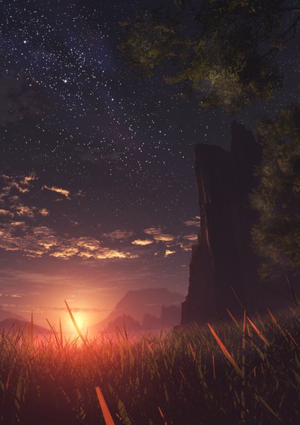 Anime picture 1150x1626 with original y-k tall image cloud (clouds) evening sunset horizon mountain no people landscape scenic rock plant (plants) tree (trees) star (stars) grass sun