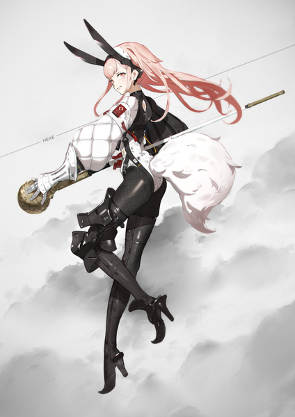 Anime picture 1061x1500 with original yucca-612 (neco) single long hair tall image looking at viewer fringe simple background smile standing holding animal ears payot full body tail long sleeves animal tail pink eyes looking back high heels