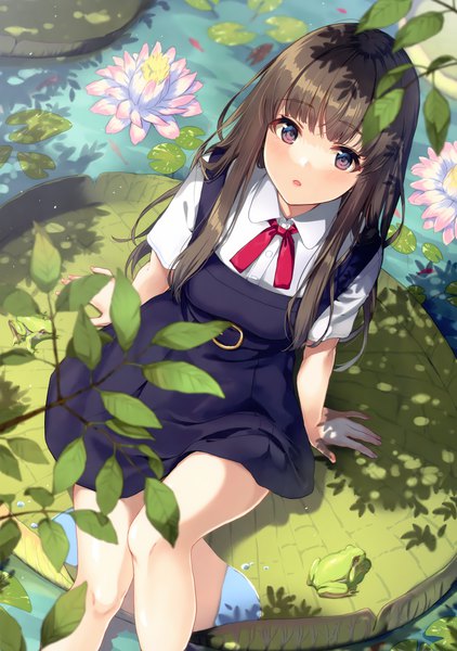 Anime picture 2532x3600 with original unasaka ryou single long hair tall image looking at viewer blush fringe highres open mouth brown hair sitting brown eyes outdoors blunt bangs from above arm support short sleeves girl dress