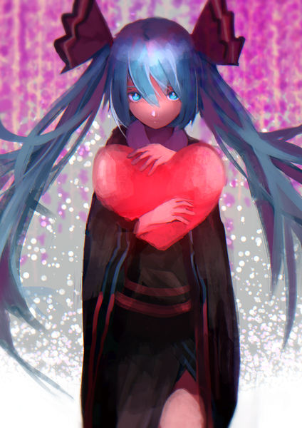 Anime picture 866x1226 with vocaloid hatsune miku tarbo (exxxpiation) single long hair tall image looking at viewer blue eyes smile standing twintails holding blue hair long sleeves traditional clothes japanese clothes wide sleeves girl flower (flowers) bow