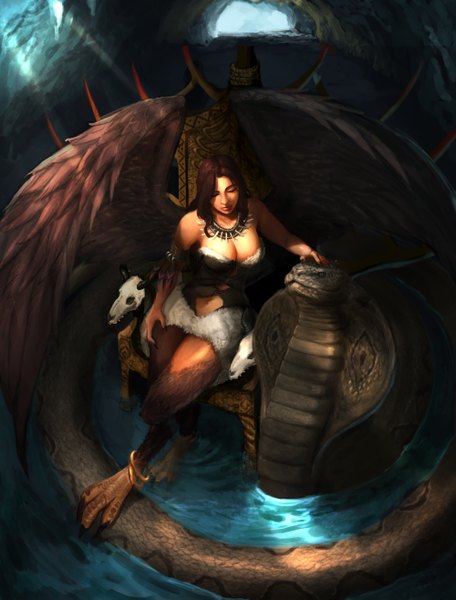 Anime picture 4000x5260 with supullim single long hair tall image highres breasts brown hair large breasts sitting absurdres eyes closed from above lips girl wings water skull harpy