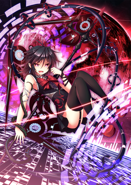 Anime picture 1000x1412 with touhou houjuu nue ugume single tall image looking at viewer short hair open mouth black hair pink eyes legs girl thighhighs dress weapon black thighhighs wings bowtie trident