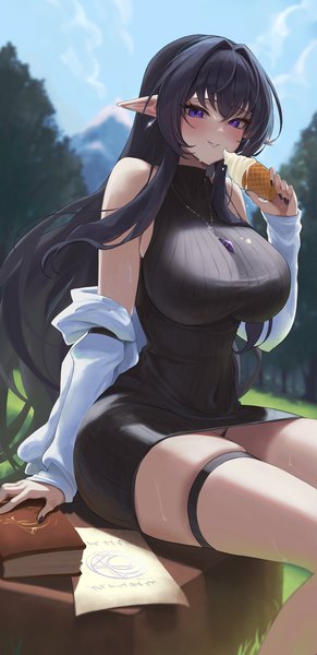 Anime picture 2828x5827 with original sheng zhidou single long hair tall image looking at viewer blush fringe highres breasts light erotic black hair smile large breasts sitting purple eyes bare shoulders cloud (clouds) outdoors nail polish