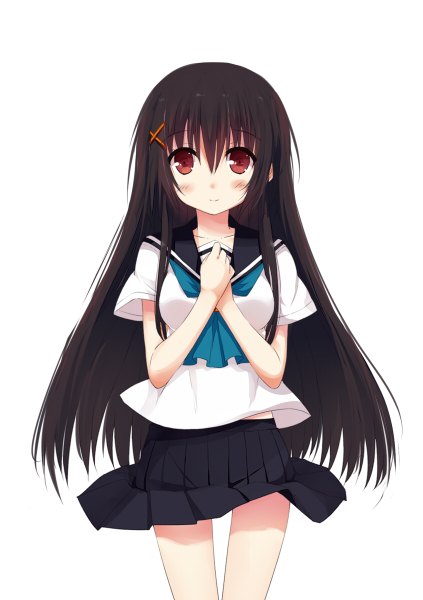 Anime picture 846x1200 with original liong (artist) single long hair tall image looking at viewer blush black hair simple background red eyes white background girl skirt hair ornament serafuku x hair ornament