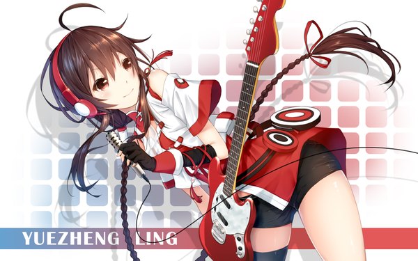 Anime picture 1920x1200 with vocaloid vocaloid china yuezheng ling quan (kurisu tina) single highres brown hair brown eyes braid (braids) very long hair looking back girl gloves headphones fingerless gloves microphone guitar
