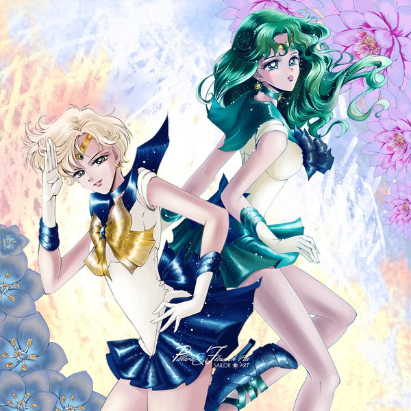 Anime picture 945x945 with bishoujo senshi sailor moon toei animation kaiou michiru tenou haruka sailor neptune sailor uranus pillara long hair looking at viewer blush short hair breasts blue eyes blonde hair multiple girls bent knee (knees) parted lips pleated skirt arm up hair flower