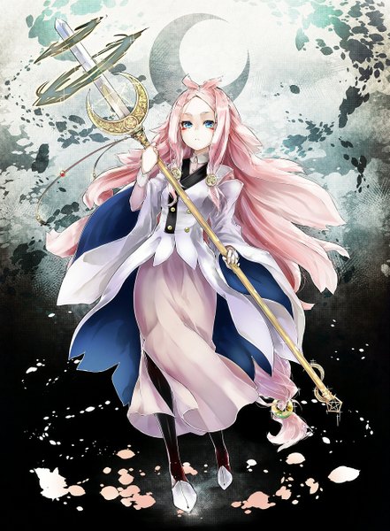 Anime picture 957x1300 with original yokiri single tall image looking at viewer blue eyes pink hair very long hair wind facial mark crescent girl dress weapon petals moon