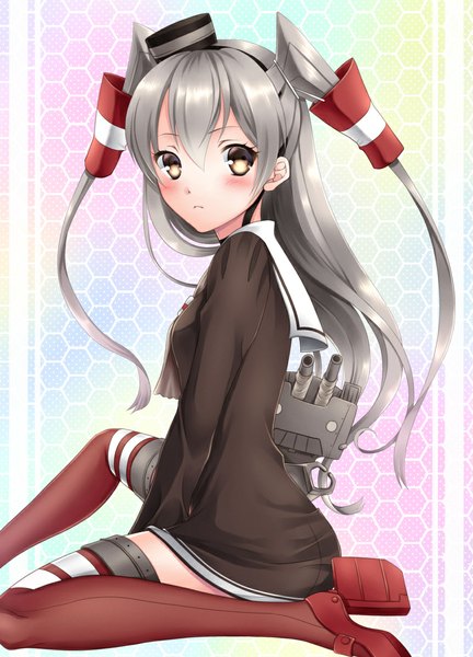 Anime picture 860x1194 with kantai collection amatsukaze destroyer rensouhou-kun takaaya kazuka single long hair tall image looking at viewer blush brown eyes grey hair two side up girl thighhighs hat hair tubes sailor suit mini hat mini top hat