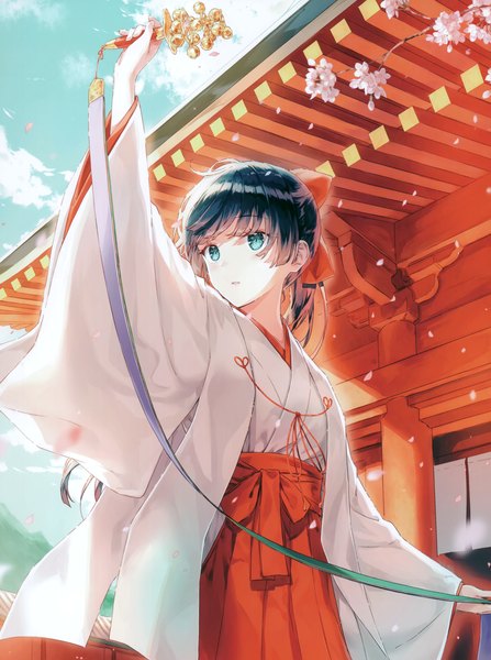 Anime picture 2406x3230 with original hiten (hitenkei) single long hair tall image blush fringe highres black hair standing holding looking away sky cloud (clouds) outdoors ponytail blunt bangs traditional clothes parted lips japanese clothes