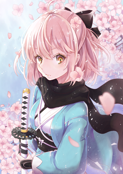 Anime picture 1350x1902 with fate (series) fate/grand order koha-ace okita souji (fate) (all) okita souji (koha-ace) hayashi takeo single tall image looking at viewer blush fringe short hair hair between eyes standing holding yellow eyes pink hair ahoge upper body traditional clothes
