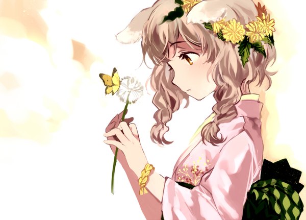 Anime picture 1500x1078 with original tan (tangent) single long hair brown hair brown eyes animal ears japanese clothes profile girl flower (flowers) belt kimono insect butterfly wreath dandelion