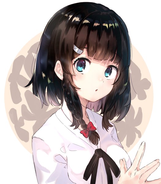 Anime picture 2591x2957 with original ranf single tall image looking at viewer blush fringe highres short hair open mouth blue eyes black hair simple background white background upper body blunt bangs braid (braids) portrait side braid hands clasped