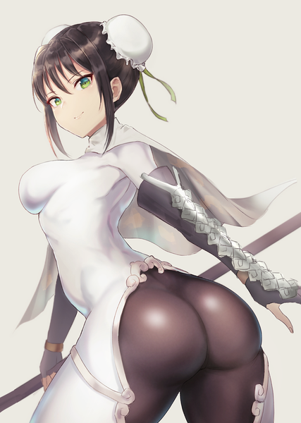 Anime picture 1068x1500 with fate (series) fate/grand order qin liangyu (fate) hometa single tall image looking at viewer fringe short hair breasts light erotic black hair simple background hair between eyes standing holding green eyes payot ass looking back