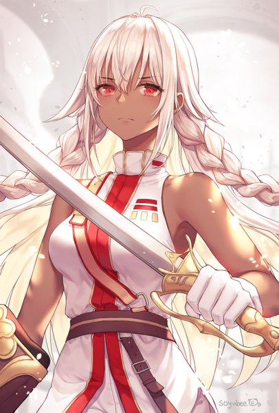 Anime picture 1800x2658 with fate (series) fate/grand order lakshmibai (fate/grand order) soyubee single long hair tall image looking at viewer fringe highres breasts simple background hair between eyes red eyes standing bare shoulders holding signed payot ahoge