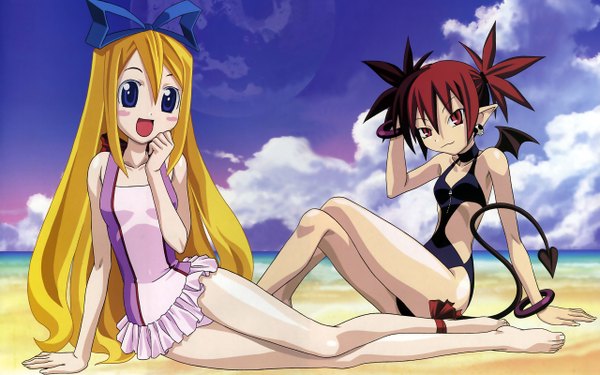 Anime picture 2560x1600 with disgaea etna (disgaea) flonne long hair blush highres short hair blue eyes blonde hair red eyes wide image twintails multiple girls sky cloud (clouds) red hair beach short twintails demon girl demon tail