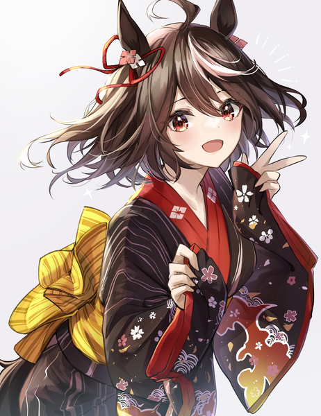 Anime picture 2241x2912 with umamusume kitasan black (umamusume) shino sto single tall image looking at viewer blush fringe highres short hair open mouth black hair simple background hair between eyes red eyes animal ears ahoge traditional clothes :d japanese clothes
