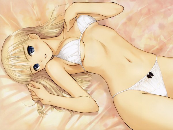 Anime picture 1600x1200 with tony taka single long hair looking at viewer blush fringe breasts blue eyes light erotic blonde hair lying on back underwear only girl navel underwear bow