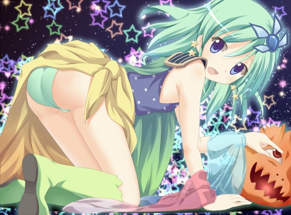 Anime picture 1200x889 with final fantasy square enix rydia francis (ohne) single long hair open mouth blue eyes light erotic ass green hair girl hair ornament underwear panties star (symbol) monster