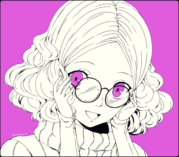 Anime picture 800x701 with persona 5 persona okumura haru kawasemi sumika single looking at viewer short hair open mouth simple background purple eyes signed twitter username adjusting hair monochrome portrait face purple background curly hair bespectacled girl