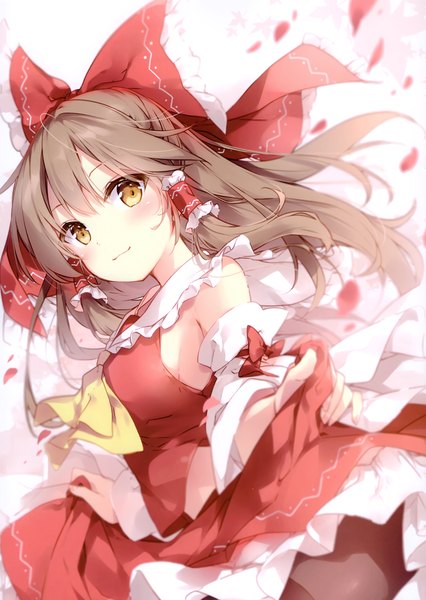 Anime picture 2438x3437 with touhou hakurei reimu mochizuki shiina single long hair tall image looking at viewer blush highres brown hair yellow eyes traditional clothes japanese clothes nontraditional miko girl bow hair bow detached sleeves petals hair tubes