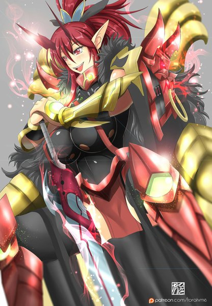 Anime picture 800x1152 with original torahime (roland00) single long hair tall image blush breasts open mouth light erotic smile red eyes large breasts red hair pointy ears girl weapon sword armor