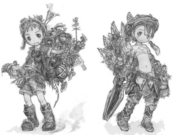 Anime picture 1548x1200 with original tsukushi akihito simple background white background bare shoulders monochrome steam punk girl boy navel shorts helmet backpack