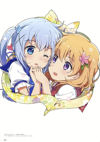 Anime picture 2482x3500 with gochuumon wa usagi desu ka? white fox milky been! (ogipote) - anime yorozu ira hon (artbook) kafuu chino hoto cocoa ogipote tall image highres open mouth blue eyes blonde hair white background twintails purple eyes multiple girls payot blue hair upper body one eye closed hair flower