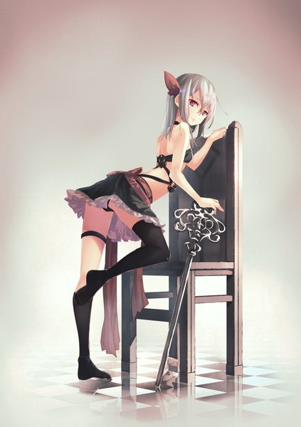 Anime picture 1416x2006 with original saraki single long hair tall image looking at viewer breasts light erotic standing pink eyes barefoot grey hair arm support standing on one leg reflection arched back frilly skirt upskirt girl thighhighs