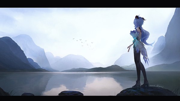 Anime picture 3033x1706 with genshin impact ganyu (genshin impact) anna (drw01) single long hair highres wide image standing signed blue hair sky full body outdoors horn (horns) letterboxed mountain nature lake girl detached sleeves