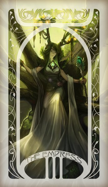Anime picture 1000x1725 with tagme (copyright) noa ikeda single long hair tall image looking at viewer sitting green eyes green hair inscription girl dress flower (flowers) rose (roses) staff