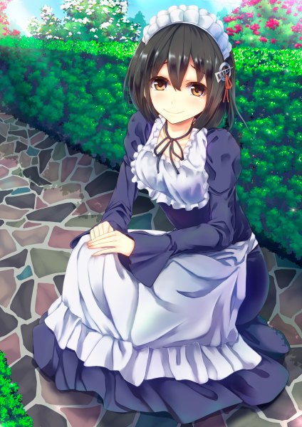 Anime picture 848x1200 with kantai collection haguro heavy cruiser konkito single tall image looking at viewer blush short hair black hair smile sitting brown eyes long sleeves maid alternate costume girl dress hair ornament flower (flowers) ribbon (ribbons)
