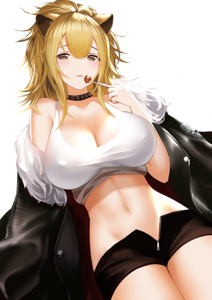 Anime picture 2894x4093 with arknights siege (arknights) an yasuri single long hair tall image looking at viewer blush fringe highres breasts open mouth light erotic simple background hair between eyes large breasts standing white background bare shoulders holding