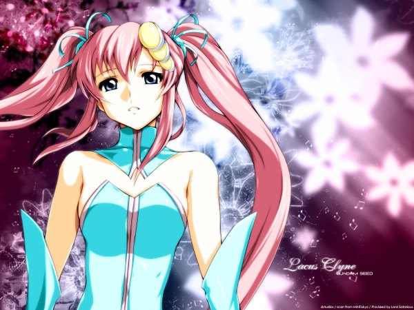Anime picture 1280x960 with gundam seed lacus clyne zundarepon long hair looking at viewer blue eyes twintails bare shoulders pink hair wallpaper girl dress hair ornament detached sleeves hairclip