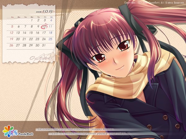 Anime picture 1600x1200 with tsuyokiss cool x sweet konoe sunao mahiro takeumi single blush highres smile red eyes twintails red hair wallpaper ribbon (ribbons) hair ribbon scarf striped scarf