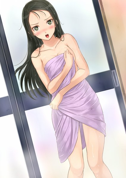 Anime picture 1446x2046 with original kazeno single long hair tall image looking at viewer blush open mouth light erotic black hair standing green eyes wet naked towel girl towel