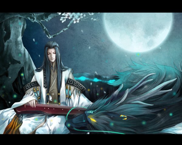 Anime picture 1280x1024 with hazhangzhong long hair black hair sitting yellow eyes eyes closed traditional clothes horn (horns) night cherry blossoms glowing chinese clothes glowing eye (eyes) face paint music musician boy plant (plants) animal petals