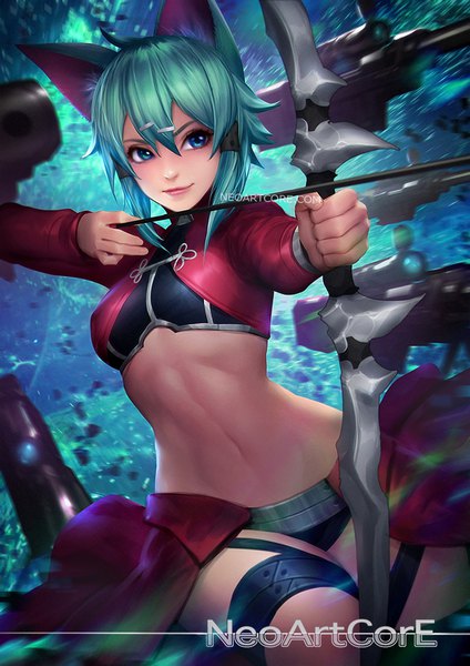 Anime picture 700x991 with fate (series) fate/stay night sword art online a-1 pictures asada shino archer (fate) nudtawut thongmai single tall image fringe short hair blue eyes hair between eyes signed animal ears looking away ahoge light smile realistic aqua hair