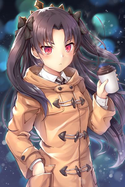 Anime picture 1318x1963 with fate (series) fate/grand order ishtar (fate) samoore single long hair tall image blush black hair red eyes standing holding looking away outdoors arm up wind night two side up hand in pocket >:(