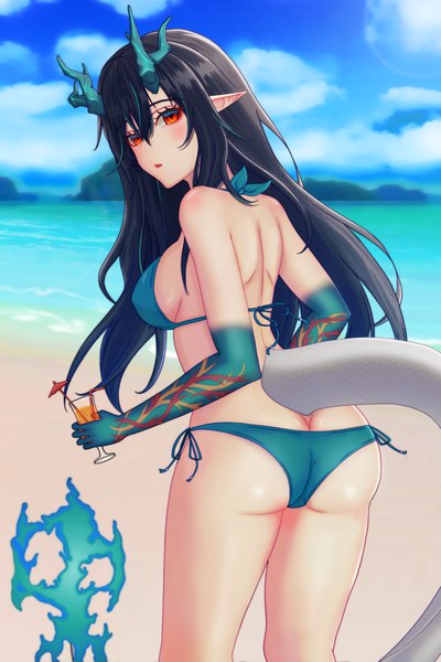 Anime picture 3000x4500 with arknights dusk (arknights) absurd fox single long hair tall image looking at viewer blush fringe highres breasts open mouth light erotic black hair hair between eyes red eyes standing holding sky cloud (clouds)