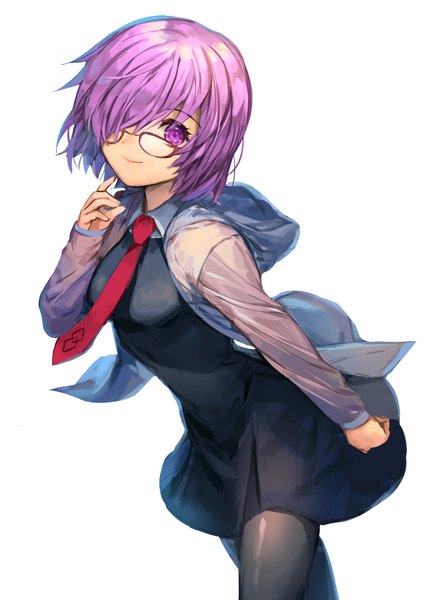 Anime picture 700x953 with fate (series) fate/grand order mash kyrielight ells (ellsat) single tall image looking at viewer fringe short hair simple background smile white background purple eyes purple hair from above hair over one eye girl pantyhose glasses necktie