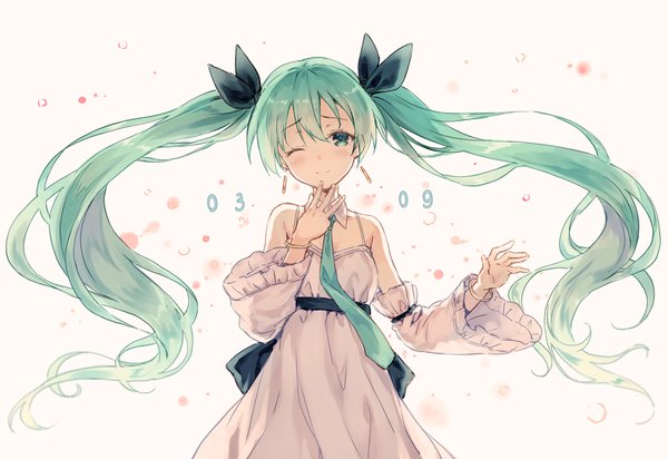 Anime picture 1000x688 with vocaloid hatsune miku hiten (hitenkei) single looking at viewer blush twintails very long hair one eye closed aqua eyes wink aqua hair girl dress ribbon (ribbons) hair ribbon detached sleeves necktie