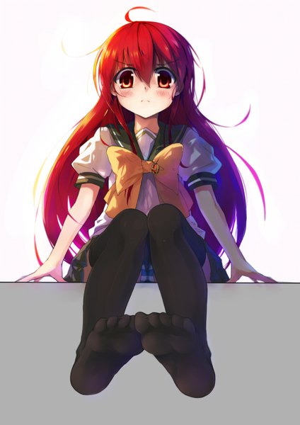 Anime picture 1200x1696 with shakugan no shana j.c. staff shana baisi shaonian single long hair tall image looking at viewer blush light erotic red eyes sitting ahoge red hair pantyshot no shoes cameltoe pantyshot sitting pov feet girl