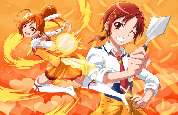 Anime picture 1300x845 with precure smile precure! toei animation hino akane (smile precure!) cure sunny seven (11) long hair open mouth smile red eyes red hair orange hair dual persona girl dress necktie heart thigh boots fire tiara