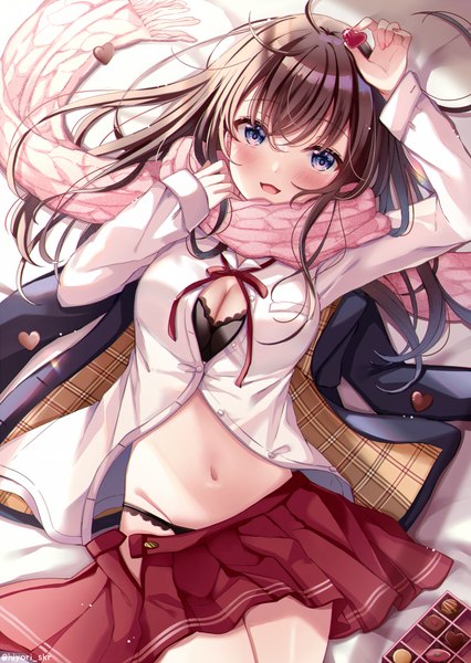 Anime picture 776x1092 with original sakura hiyori single long hair tall image looking at viewer blush fringe breasts open mouth blue eyes light erotic smile hair between eyes brown hair large breasts holding signed cleavage ahoge