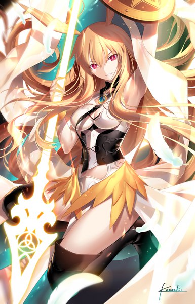 Anime picture 650x1011 with fate (series) fate/grand order valkyrie (fate/grand order) thrud (fate/grand order) kousaki rui single long hair tall image looking at viewer fringe breasts light erotic hair between eyes red eyes holding signed payot cleavage parted lips arm up