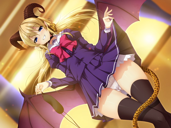 Anime picture 3200x2400 with original yu-ta single long hair looking at viewer blush fringe highres blue eyes light erotic blonde hair smile hair between eyes twintails absurdres bent knee (knees) indoors tail animal tail pleated skirt