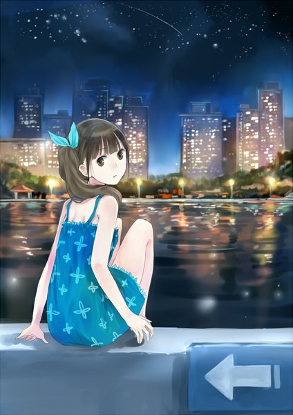 Anime picture 800x1131 with original maigoyaki long hair tall image looking at viewer black hair black eyes night city cityscape river girl dress sundress