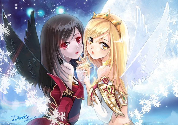 Anime picture 1169x827 with original dorris long hair looking at viewer black hair blonde hair red eyes bare shoulders multiple girls signed yellow eyes girl flower (flowers) 2 girls detached sleeves wings crown