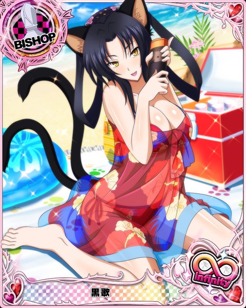 Anime picture 640x800 with highschool dxd kuroka (high school dxd) single long hair tall image looking at viewer blush breasts open mouth light erotic black hair animal ears yellow eyes tail animal tail cat ears cat girl cat tail beach card (medium)